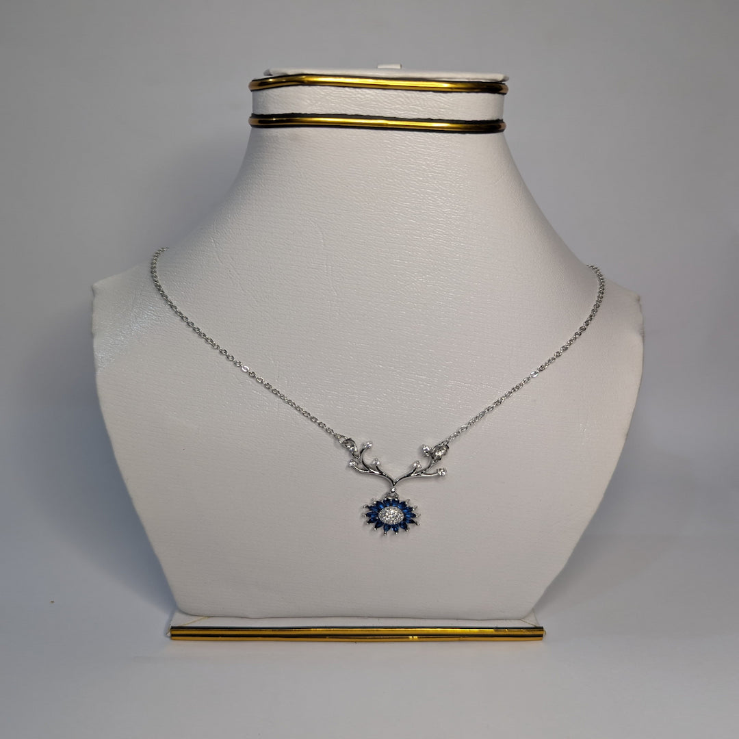 Silver & Blue Crystal Antler Pendant Necklace