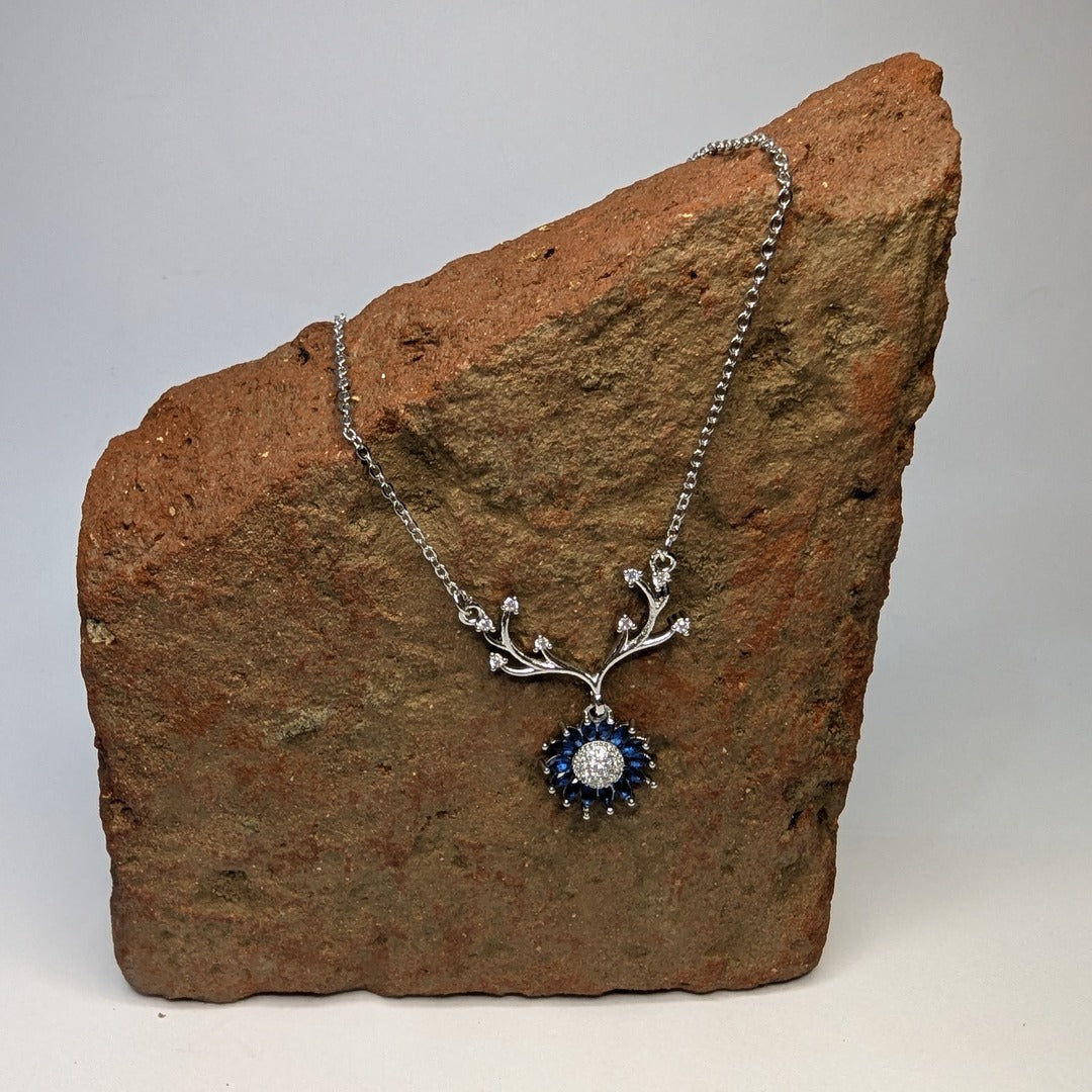 Silver & Blue Crystal Antler Pendant Necklace