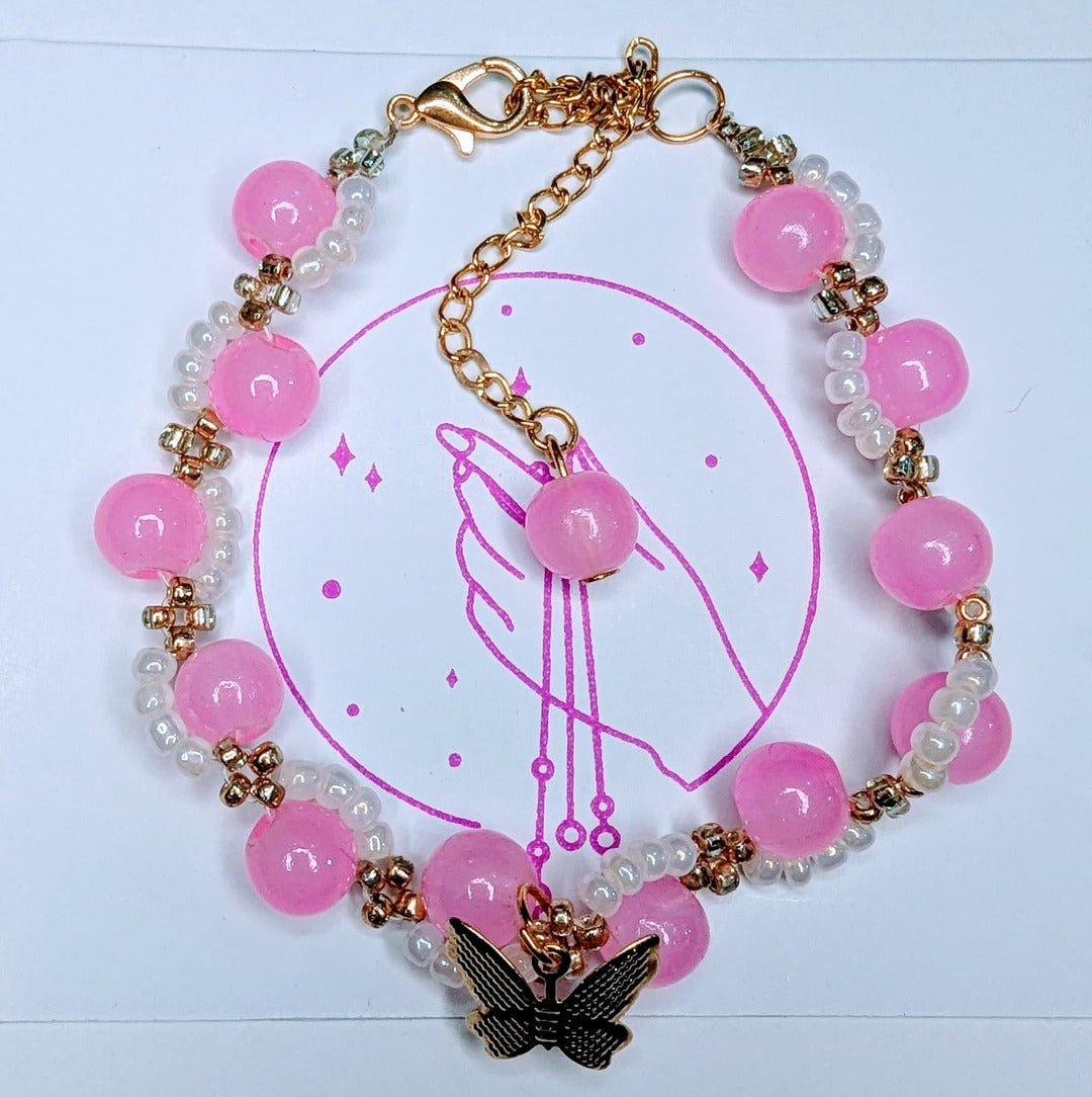 Graceful Pink & Pearl Beaded Bracelet with Butterfly Charm