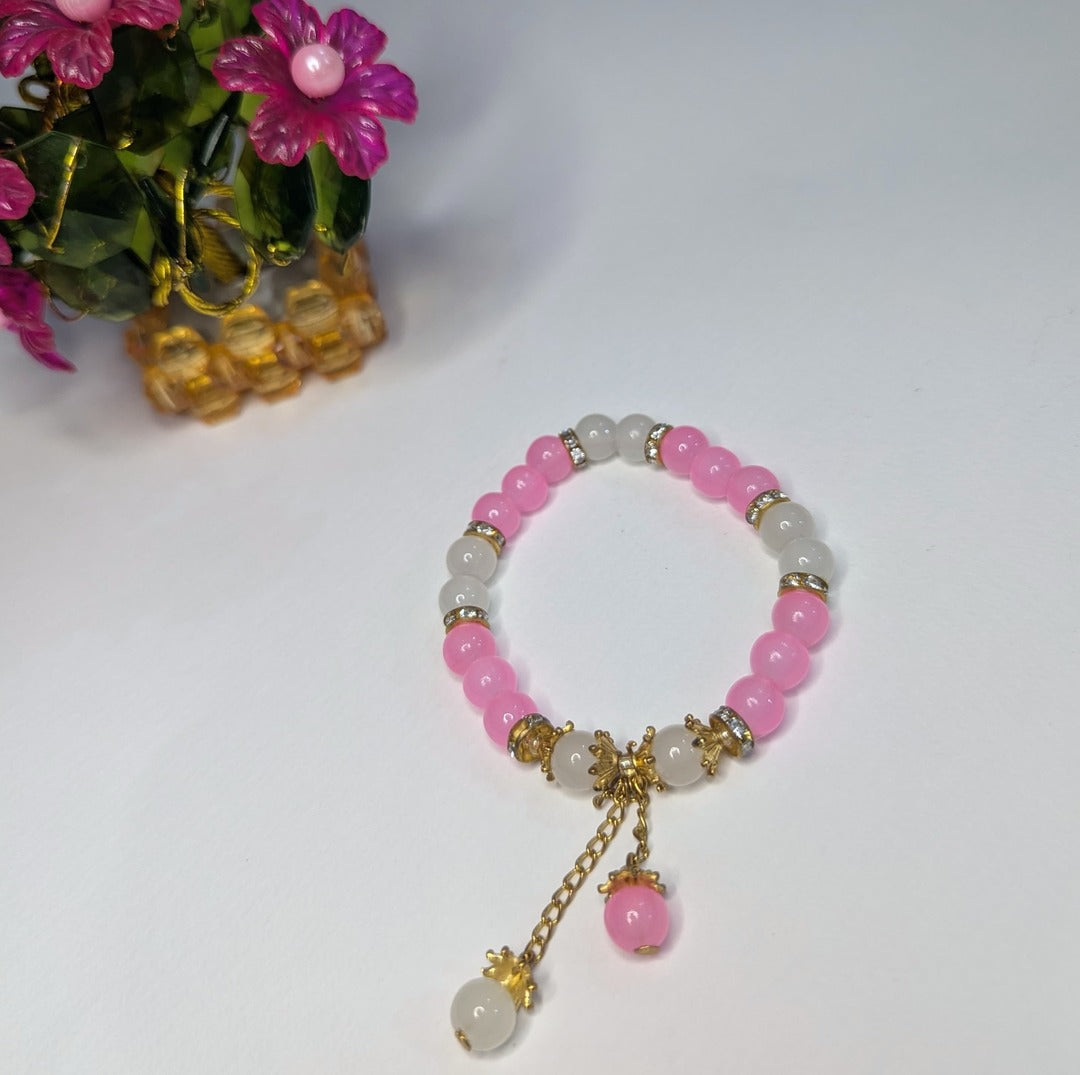 Royal Pink & White Beaded Bracelet with Dangle Charms